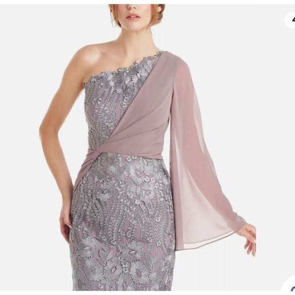 JS COLLECTIONS One Shoulder Embroidered Mesh Overlay Asymmetrical Gown in Steel - Picture 4 of 7